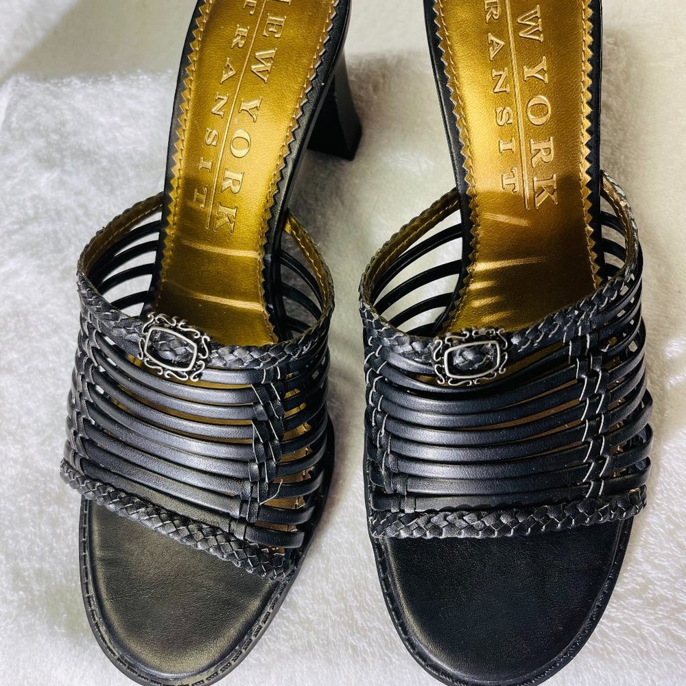 New York Transit Strappy Black Slide Sandals with Block Heel- size 7.5 M